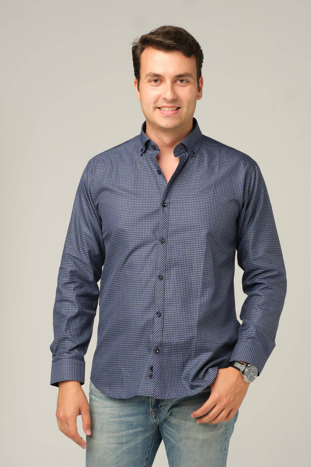 Navy Micro-Check Tailored Shirt