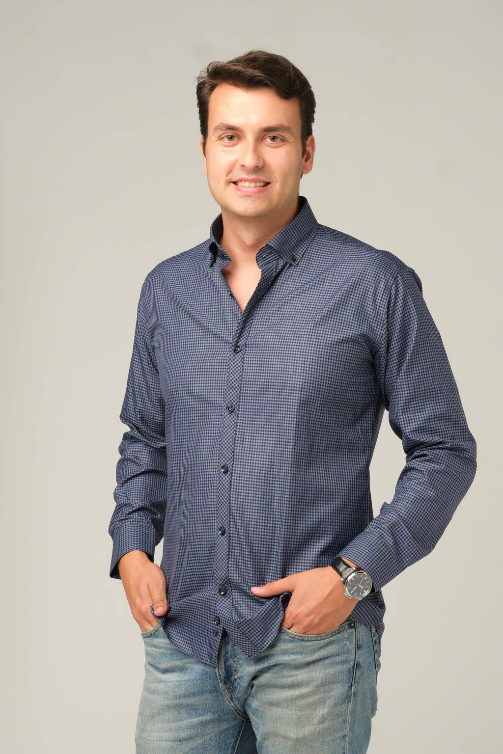 Navy Micro-Check Tailored Shirt